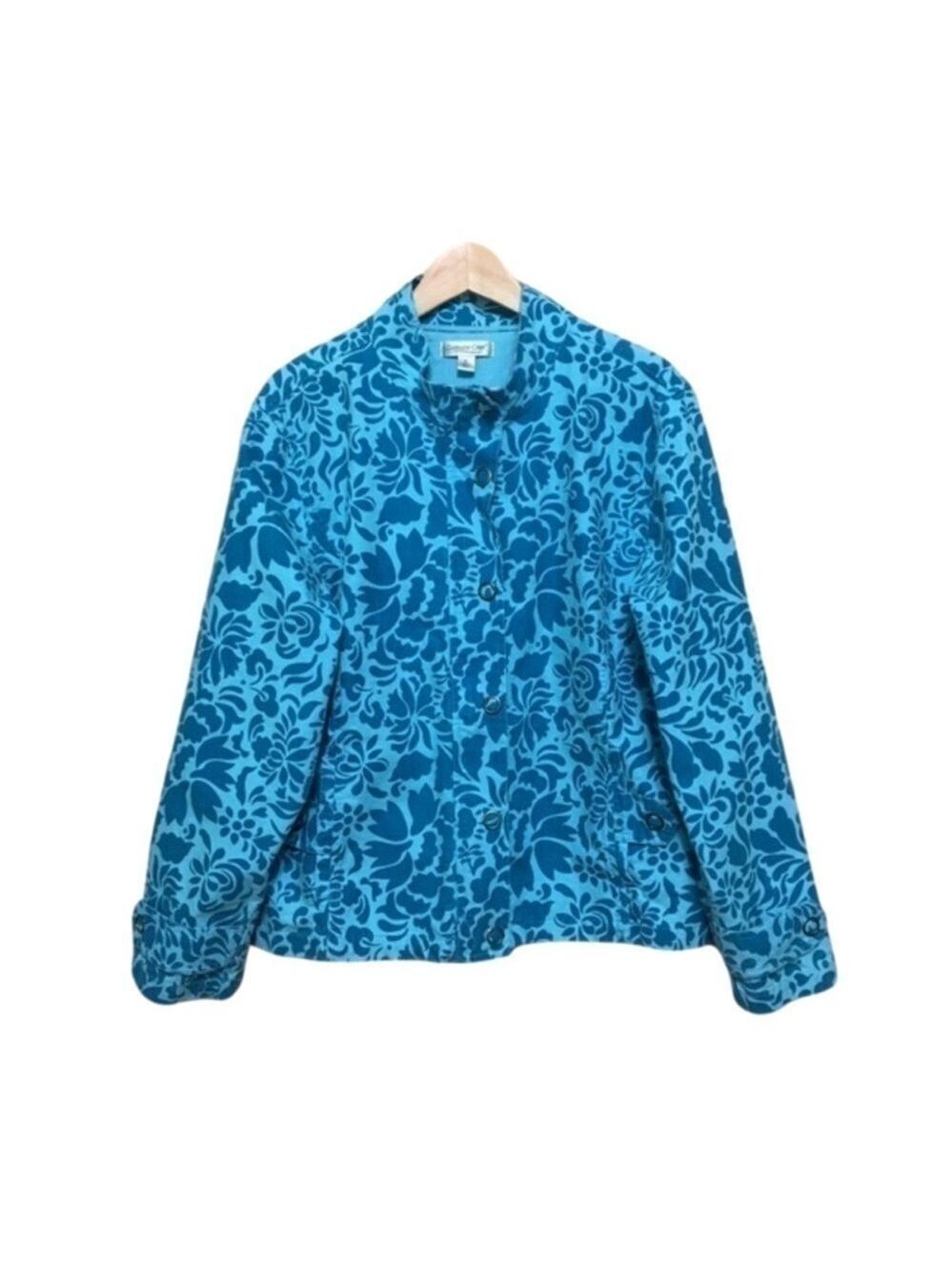 Coldwater Creek turquoise blue floral cotton denim jacket size XL